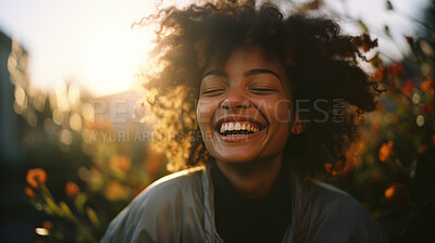 Buy stock photo Happy young woman. Laughing in field of flowers at sunset.