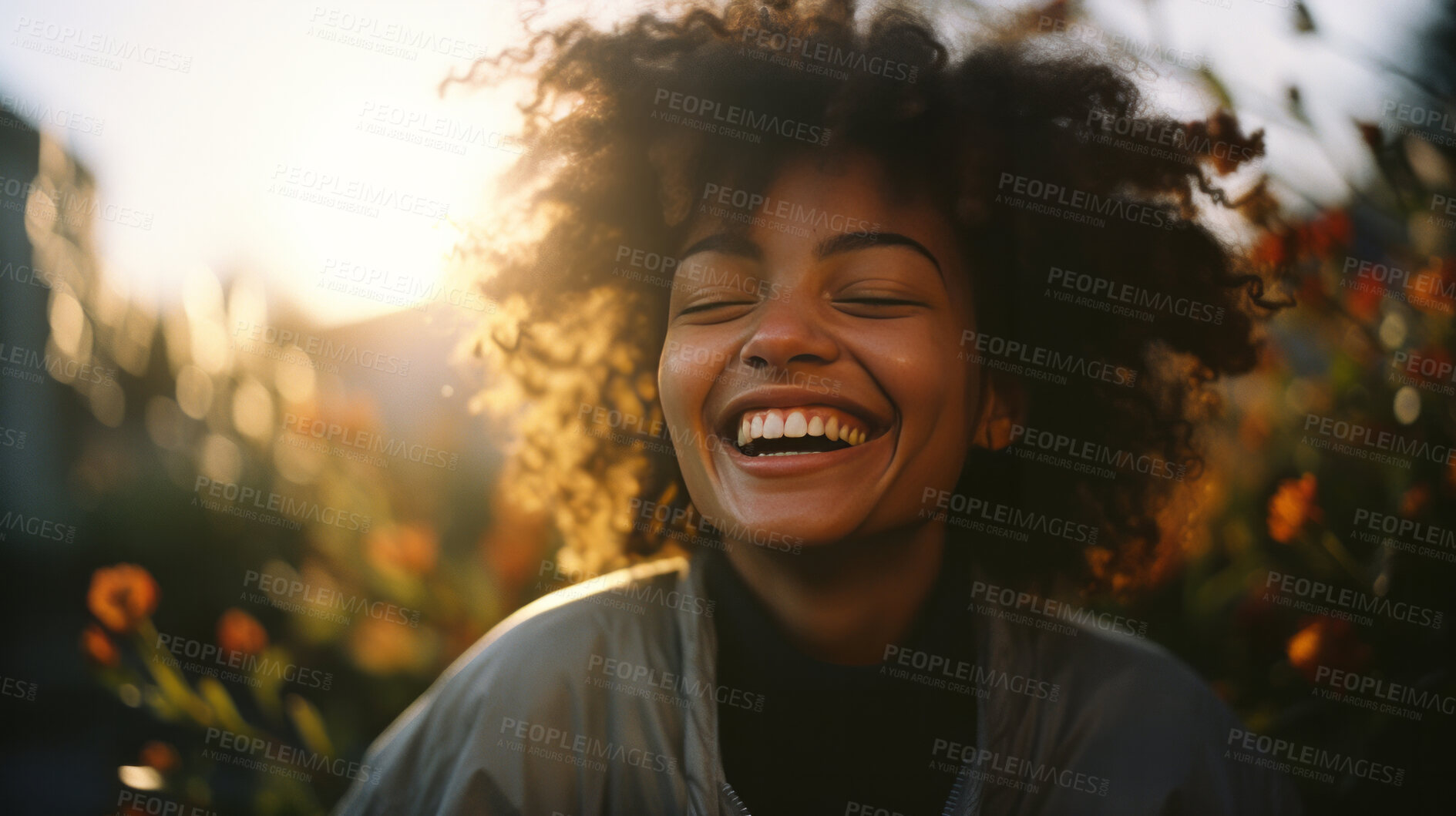 Buy stock photo Happy young woman. Laughing in field of flowers at sunset.