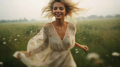 Buy stock photo Happy woman. Dancing in field. Laughing and enjoying moment.