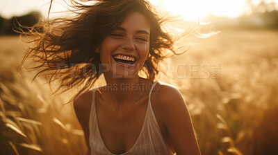 Buy stock photo Happy woman. Dancing in field. Laughing and enjoying sunset.