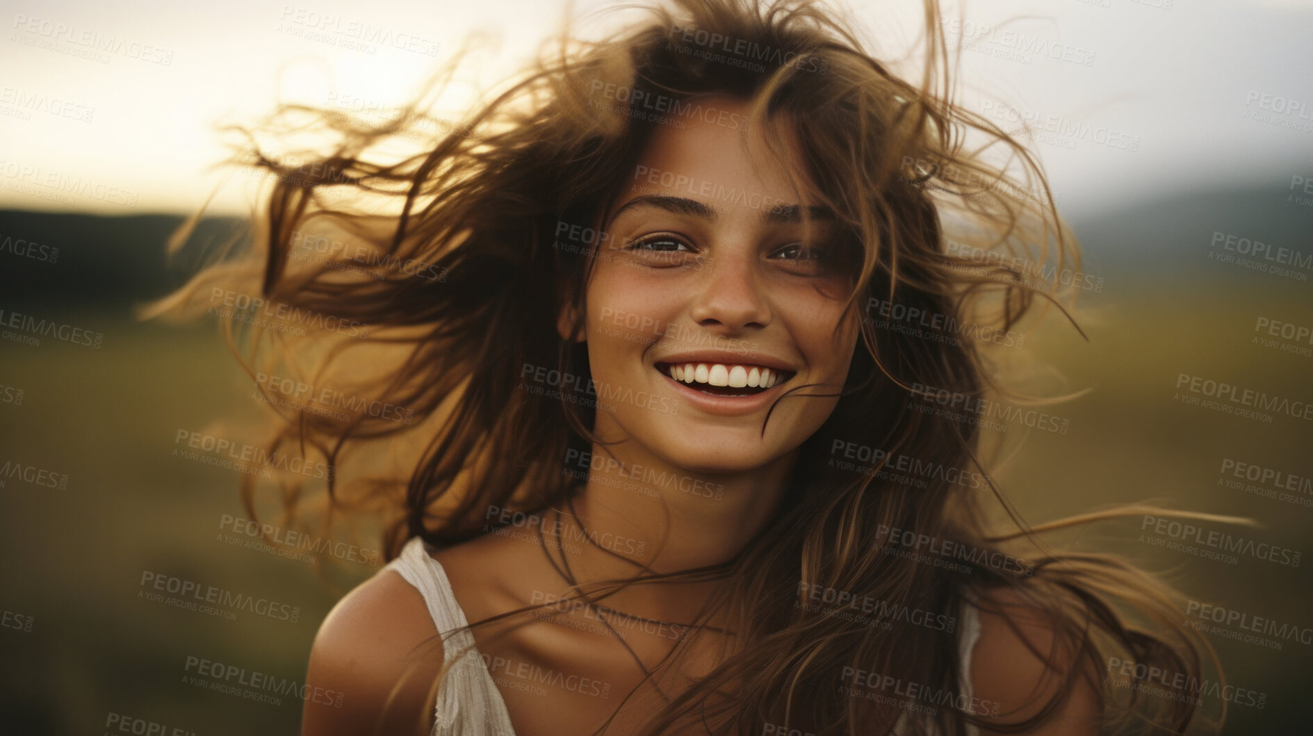 Buy stock photo Happy woman. Dancing in field. Laughing and enjoying moment.