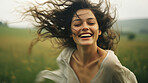 Happy woman. Dancing in field. Laughing and enjoying moment.