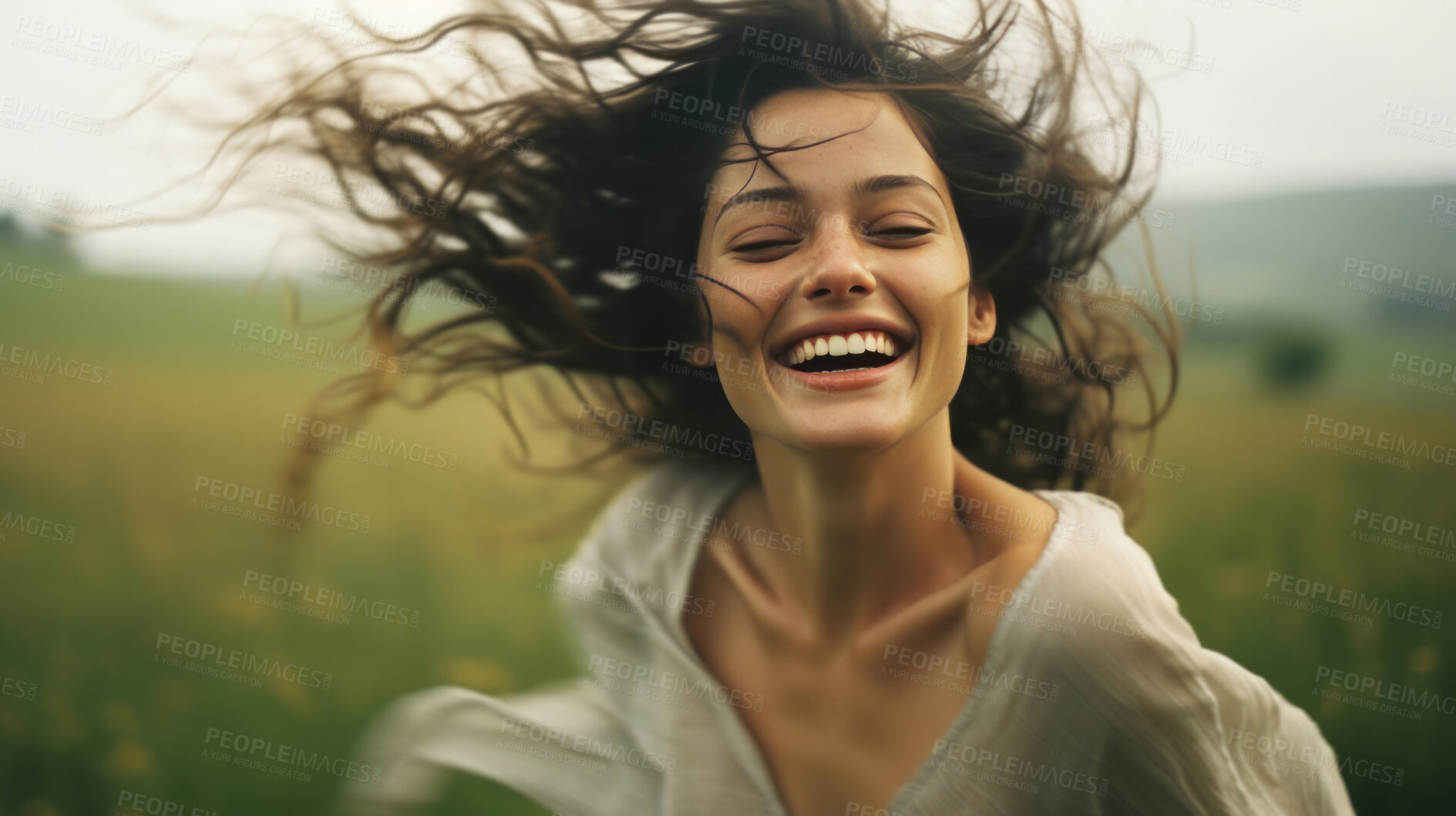 Buy stock photo Happy woman. Dancing in field. Laughing and enjoying moment.