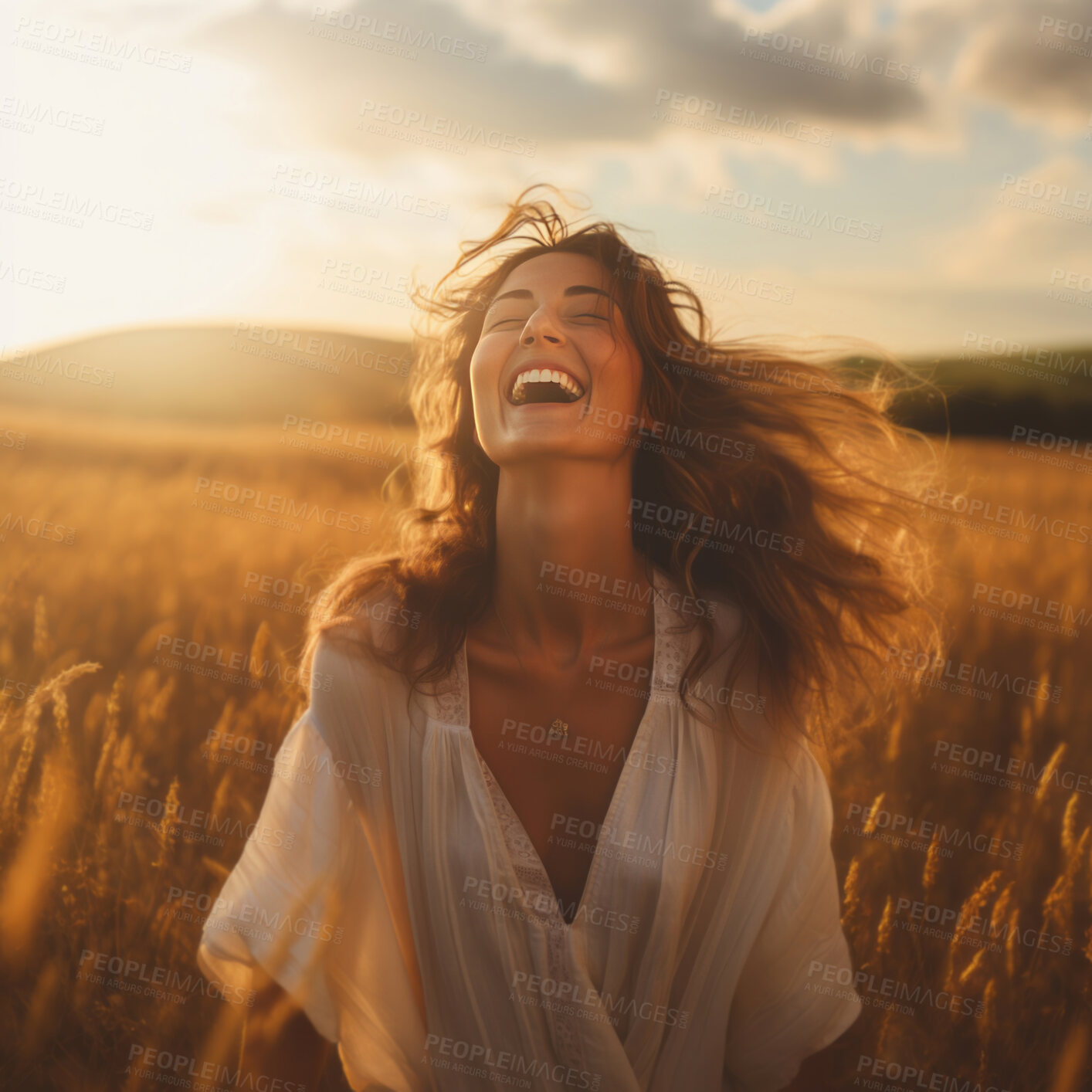 Buy stock photo Happy woman, enjoying sunset. Dancing in field.