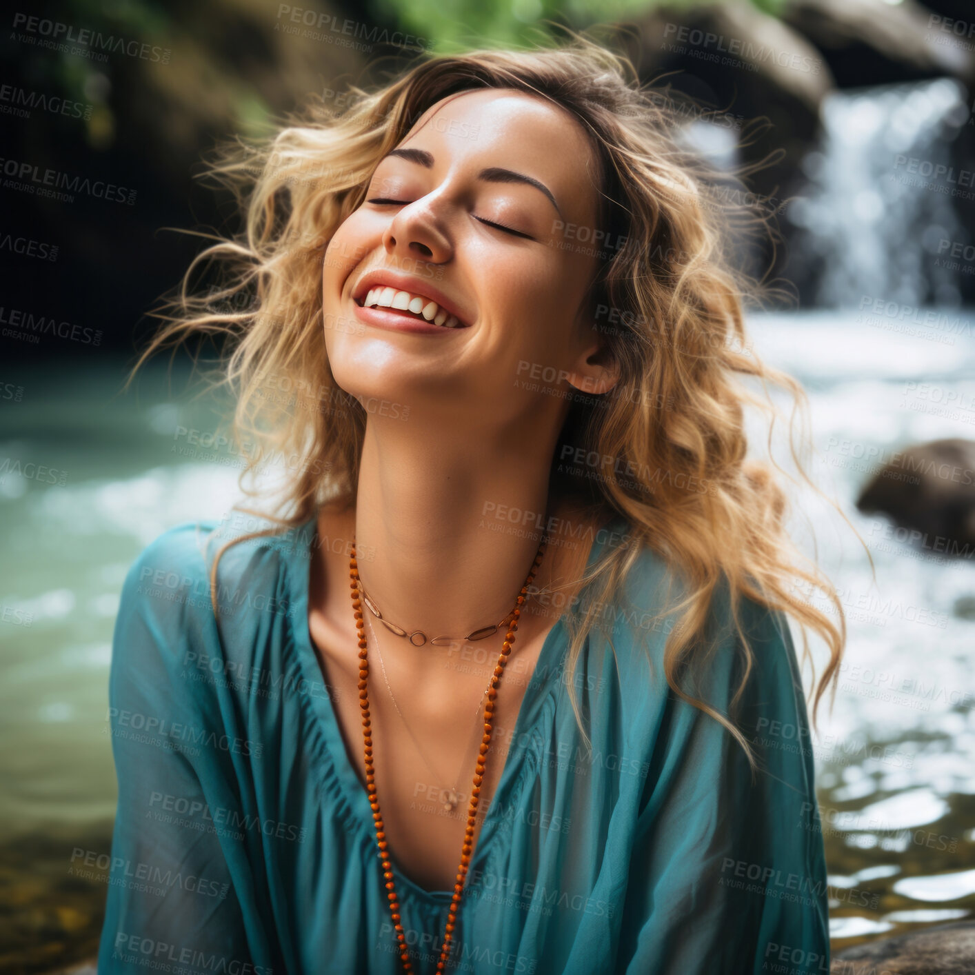 Buy stock photo Happy woman, sitting next to river. Smiling closed eyes in field.