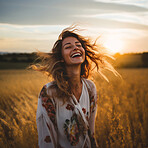 Happy woman, enjoying sunset. Laughing closed eyes in field.