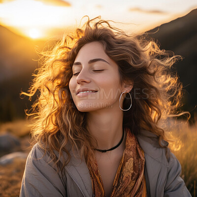 Buy stock photo Portrait of happy woman, enjoying sunset. Closed eyes in field.