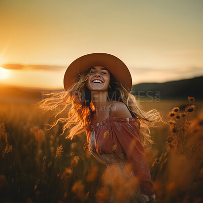 Portrait of happy, smiling woman, enjoying sunset. Standing in field.