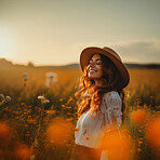 Portrait of happy, smiling woman, enjoying sunset. Standing in field.