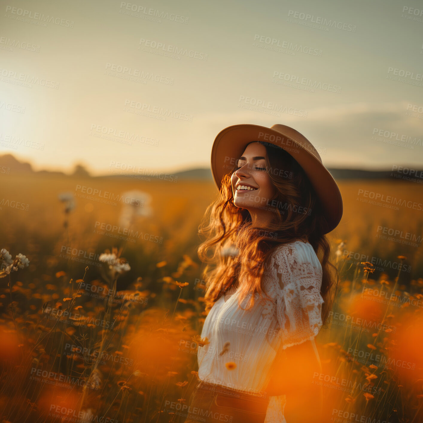 Buy stock photo Portrait of happy, smiling woman, enjoying sunset. Standing in field.