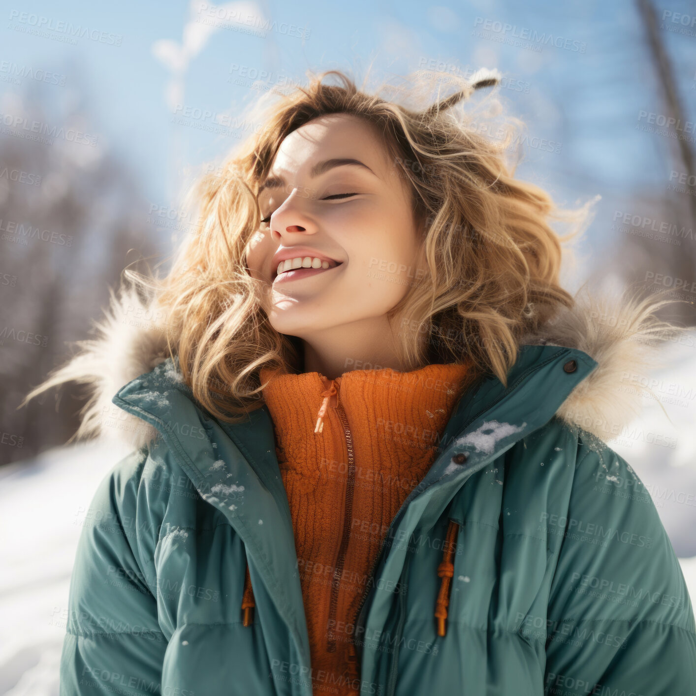 Buy stock photo Portrait of happy, smiling woman, closed eyes in snow.