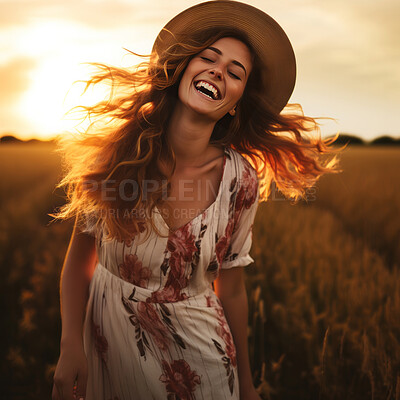 Portrait of happy, smiling woman, closed eyes in field of grass. Golden Hour.
