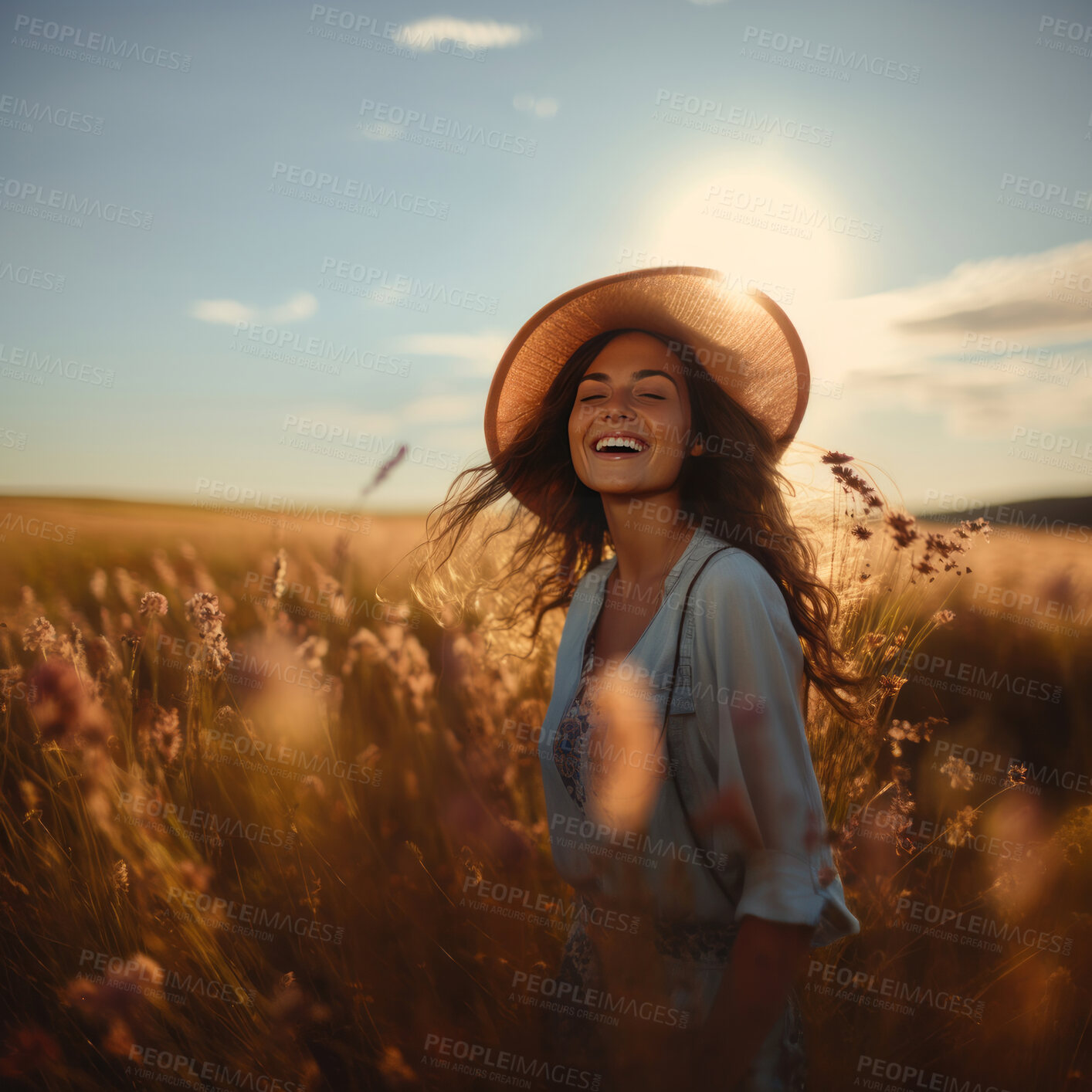 Buy stock photo Portrait of happy, smiling woman, closed eyes in field of grass. Golden Hour.