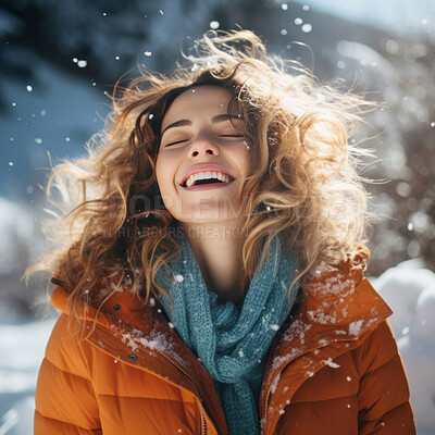 Buy stock photo Portrait of happy, smiling woman, closed eyes in snow.