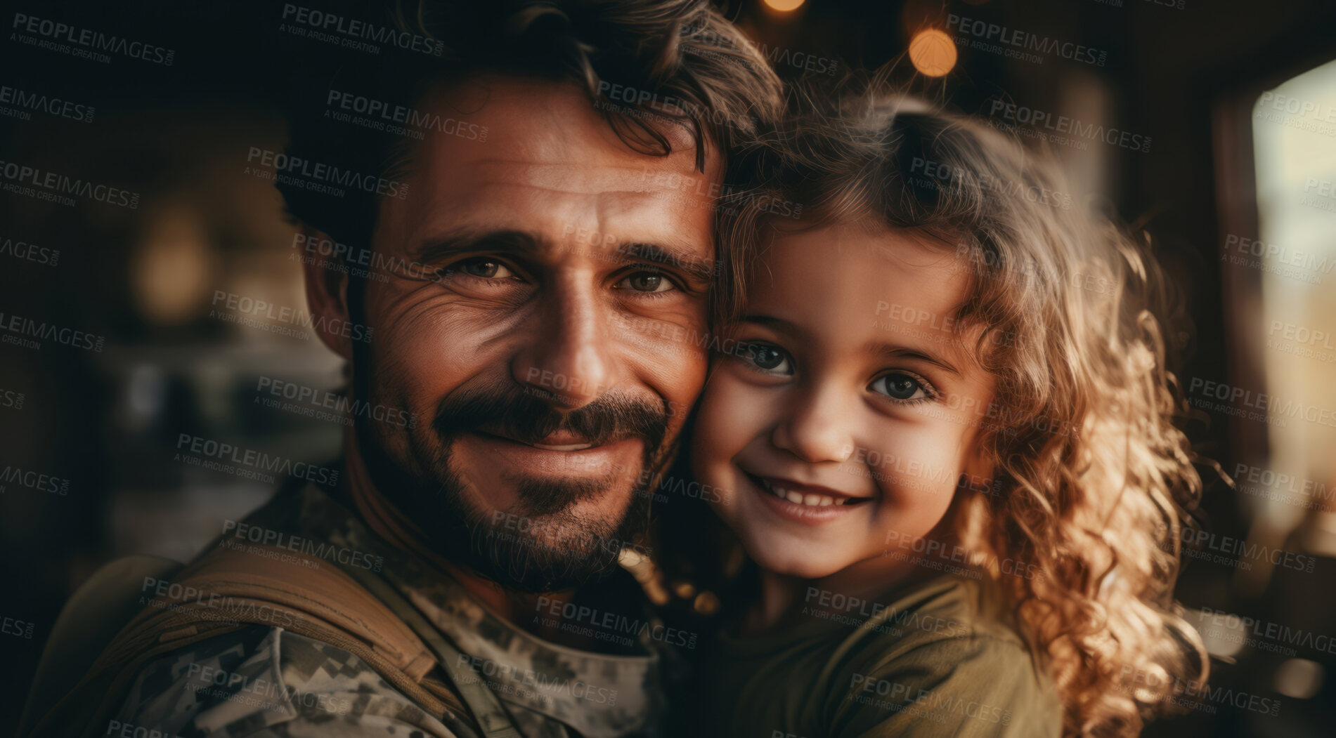 Buy stock photo Close-up portrait of soldier with child. Veteran homecoming concept.