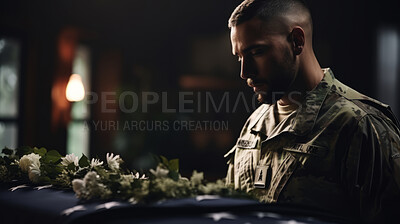 Soldier mourning death of friend. Standing at coffin. Funeral service.