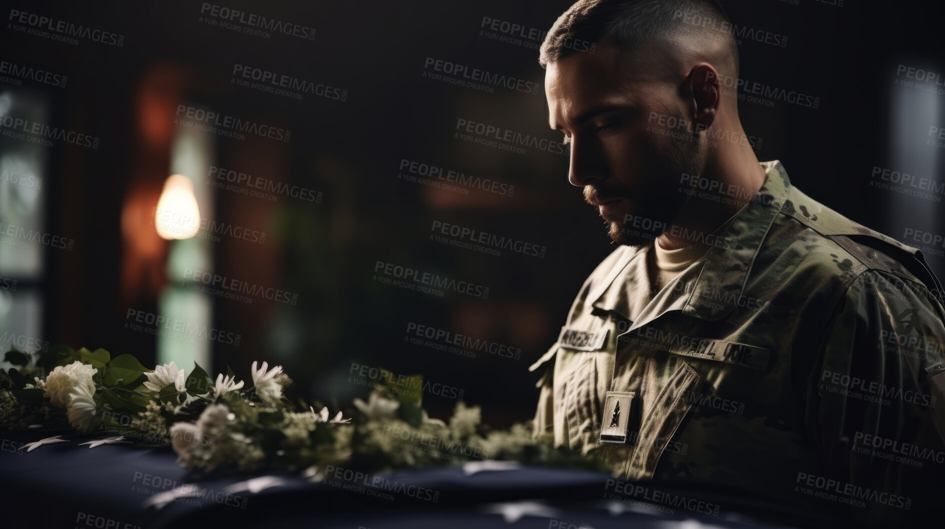 Buy stock photo Soldier mourning death of friend. Standing at coffin. Funeral service.