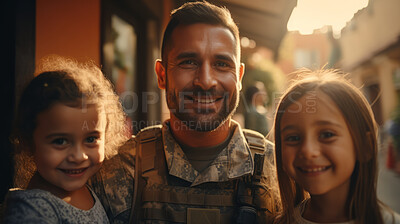 Portrait of soldier with happy children. Veteran homecoming concept.
