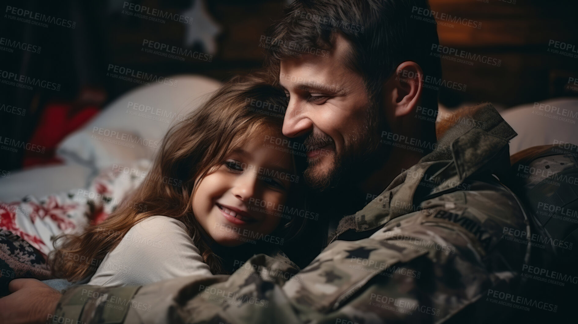 Buy stock photo Close-up portrait of soldier hugging child on couch. Veteran homecoming concept.