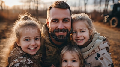 Buy stock photo Portrait of soldier with happy children. Veteran homecoming concept.