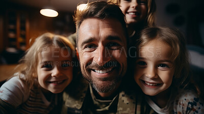Buy stock photo Portrait of soldier with happy children. Veteran homecoming concept.