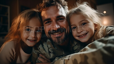 Portrait of soldier with child. Veteran homecoming concept.
