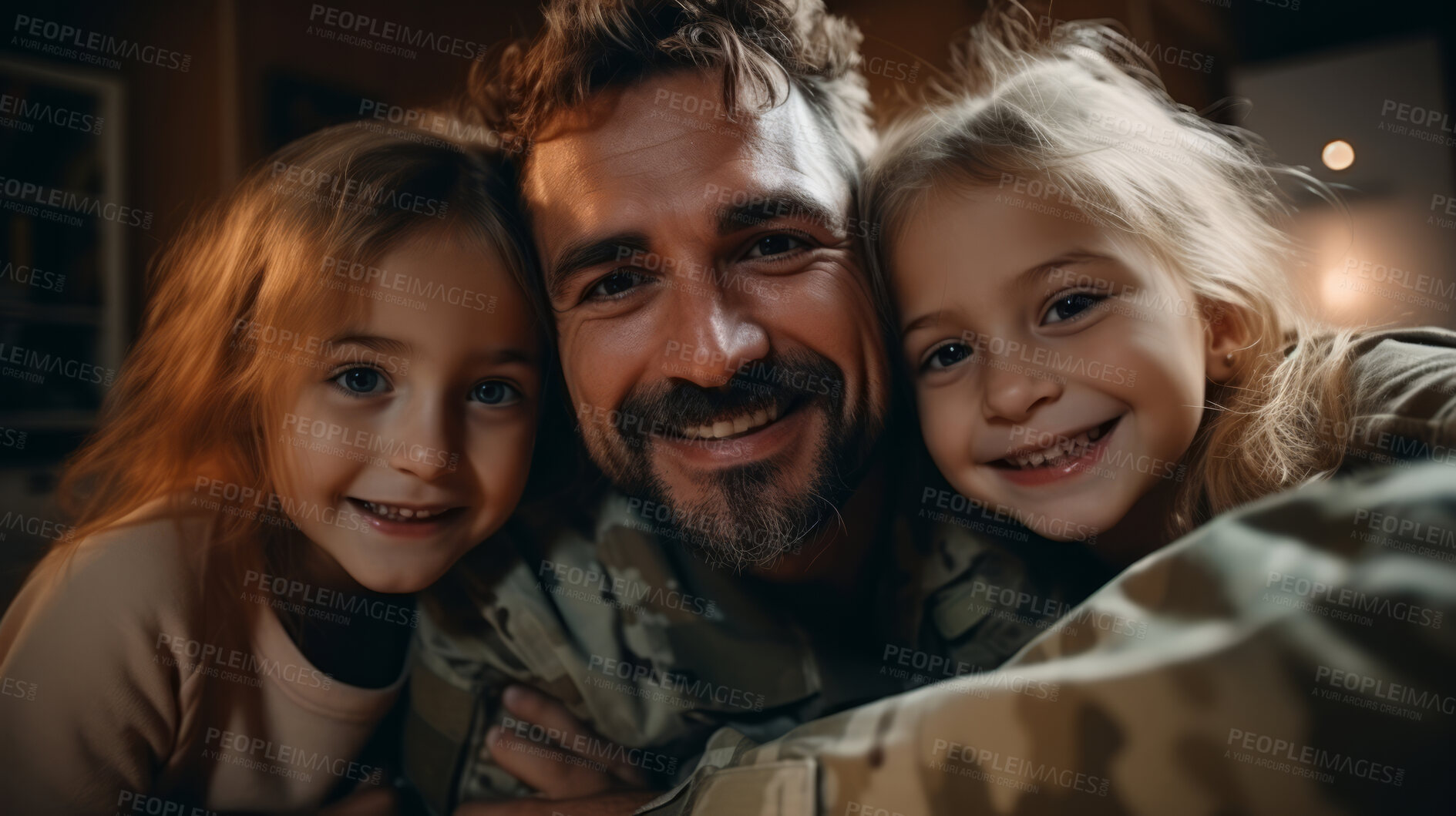 Buy stock photo Portrait of soldier with child. Veteran homecoming concept.