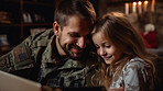 Close-up portrait of soldier with child at table in home. Veteran homecoming concept.