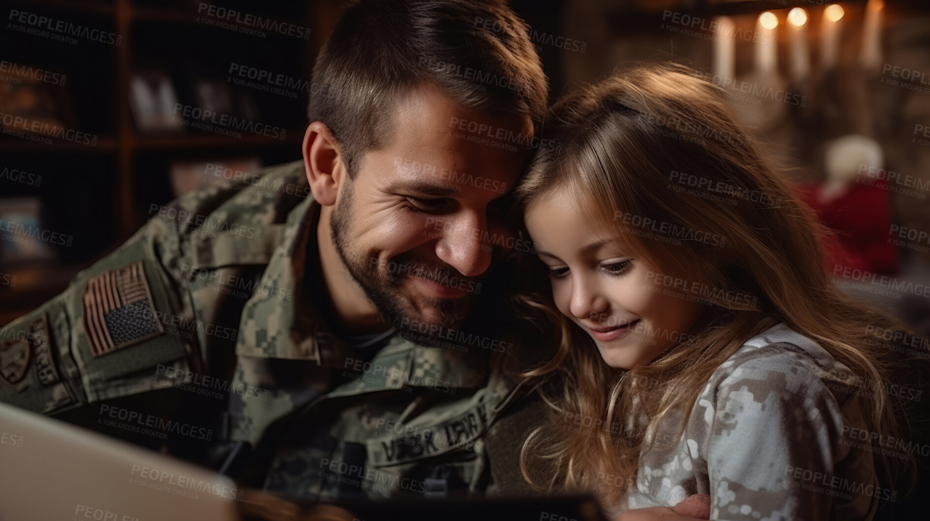 Buy stock photo Close-up portrait of soldier with child at table in home. Veteran homecoming concept.
