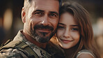 Close-up portrait of soldier with child. Veteran homecoming concept.