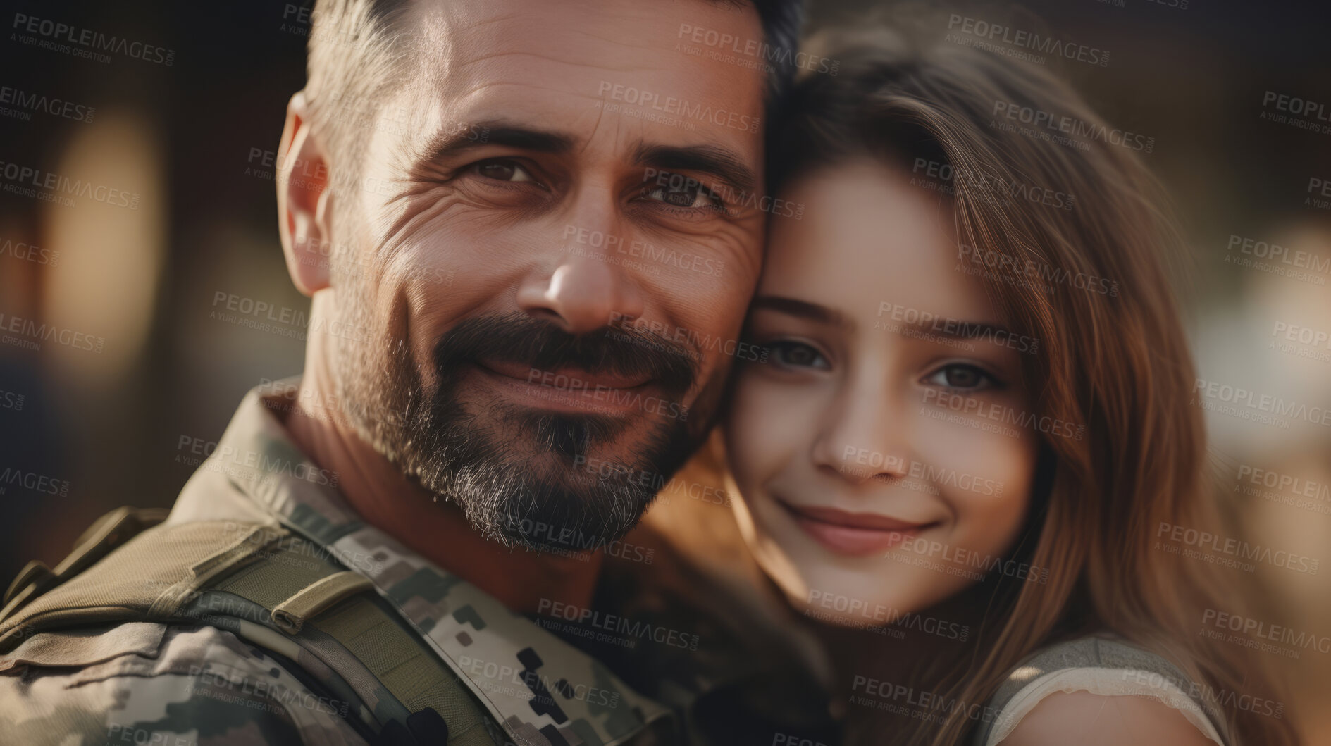 Buy stock photo Close-up portrait of soldier with child. Veteran homecoming concept.