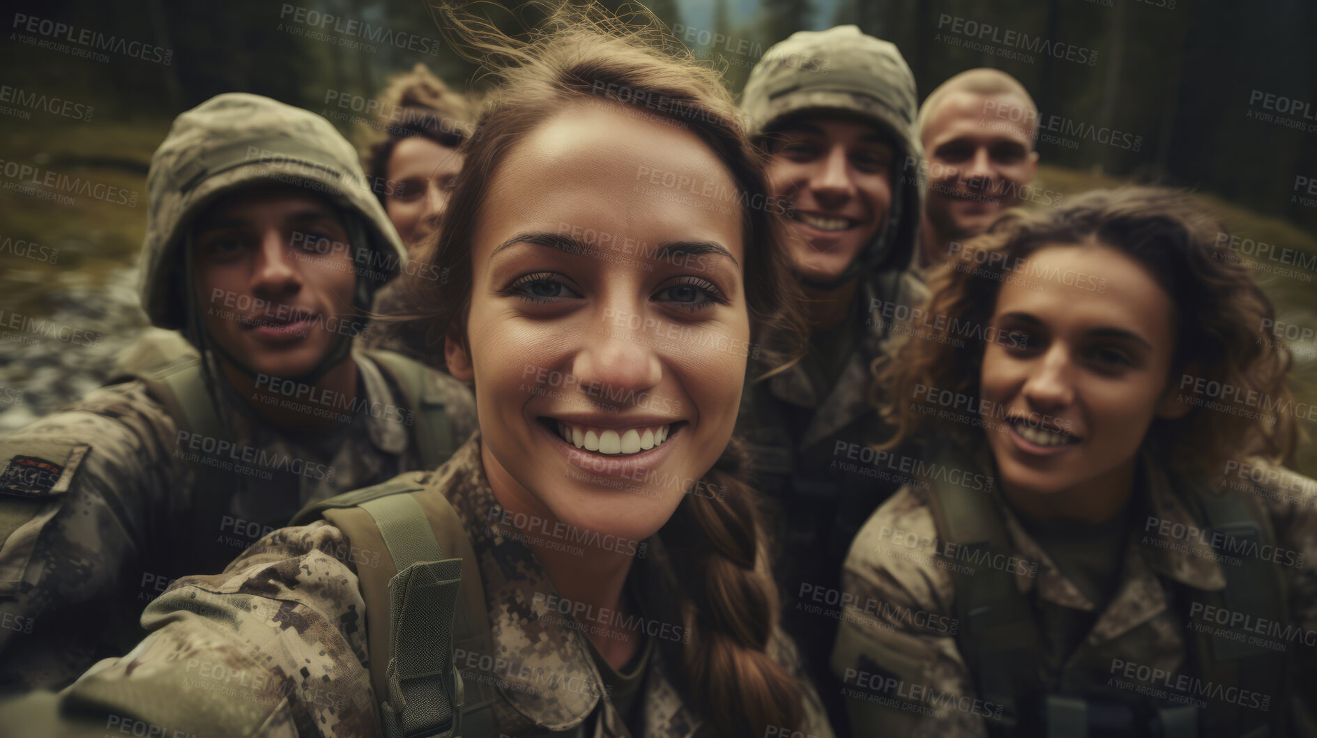 Buy stock photo Selfie of happy group of soldiers. Team work, friends.