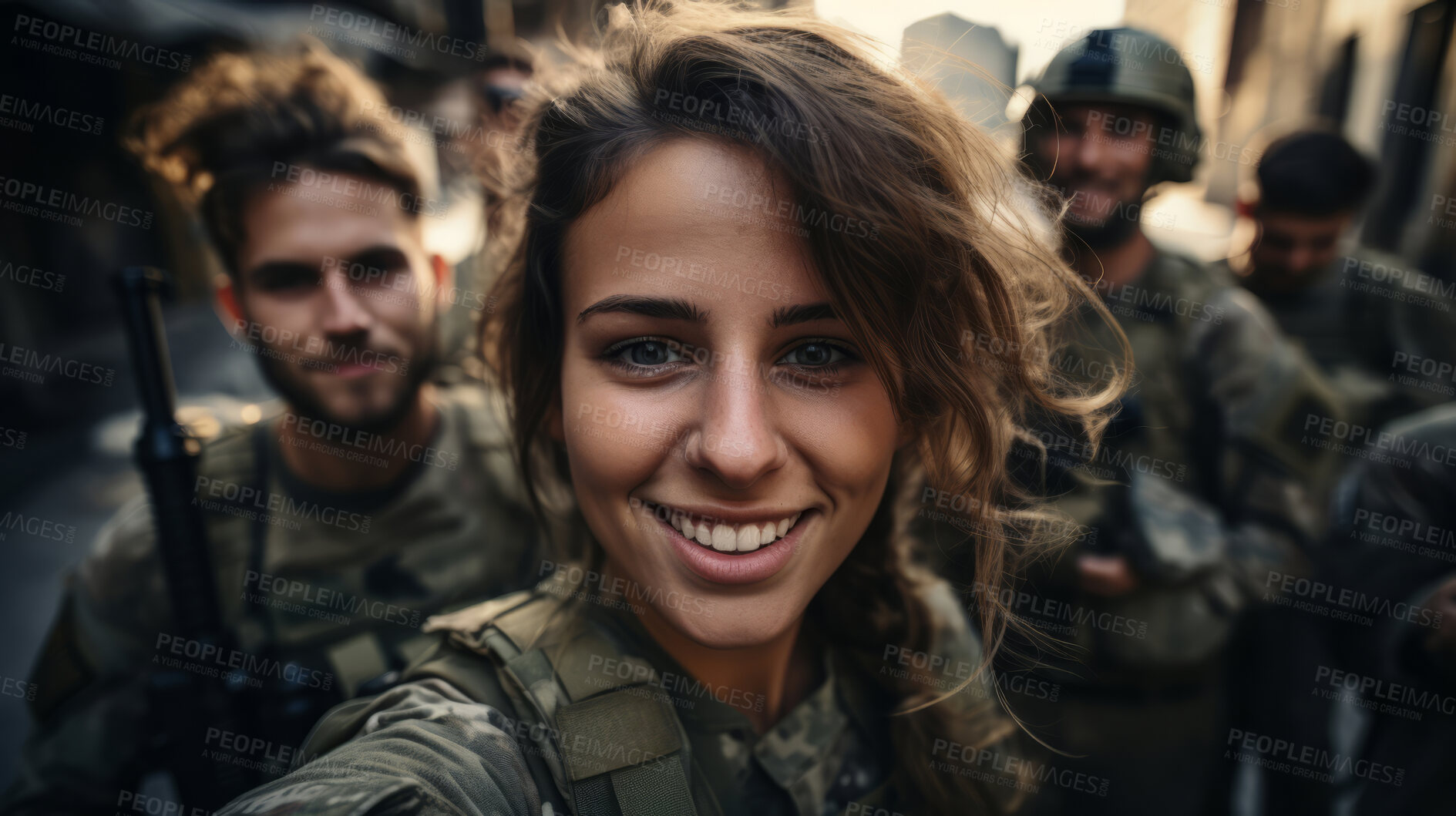 Buy stock photo Selfie of happy group of soldiers. Team work, friends.