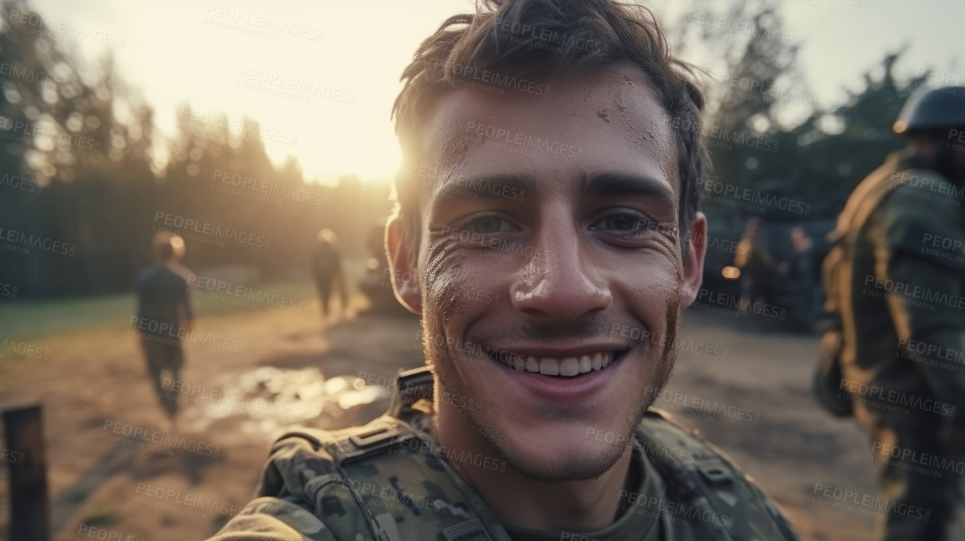 Buy stock photo Selfie of happy soldier at base camp. Soldiers seen in background.