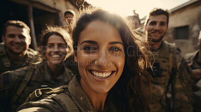 Selfie of happy group of soldiers. Team work, friends.