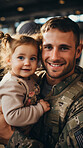 Portrait of soldier with child at airport. Veteran homecoming concept.