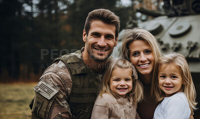 Portrait of soldier with happy family. Veteran homecoming concept.