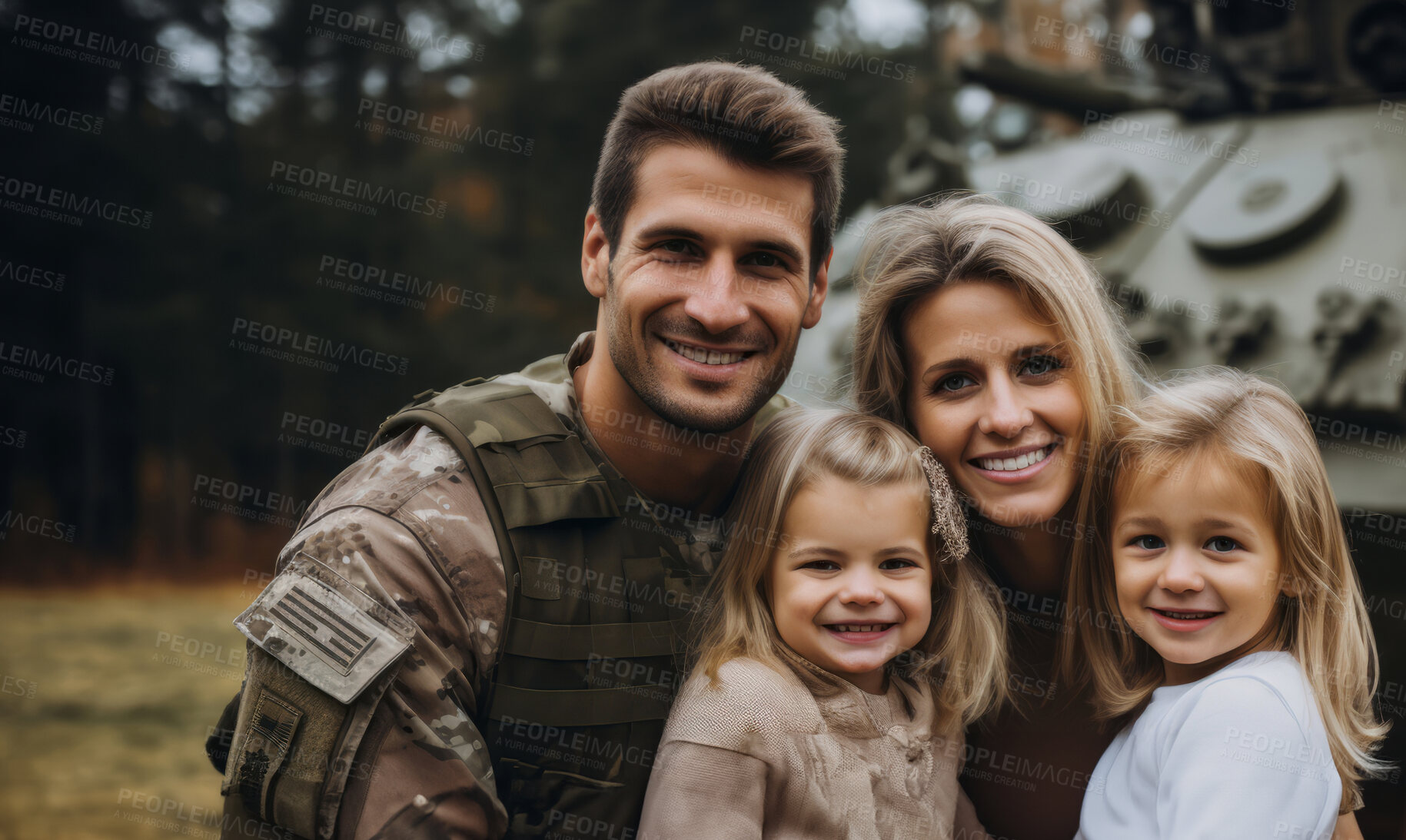 Buy stock photo Portrait of soldier with happy family. Veteran homecoming concept.