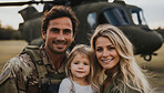 Portrait of soldier with happy family. Veteran homecoming concept.