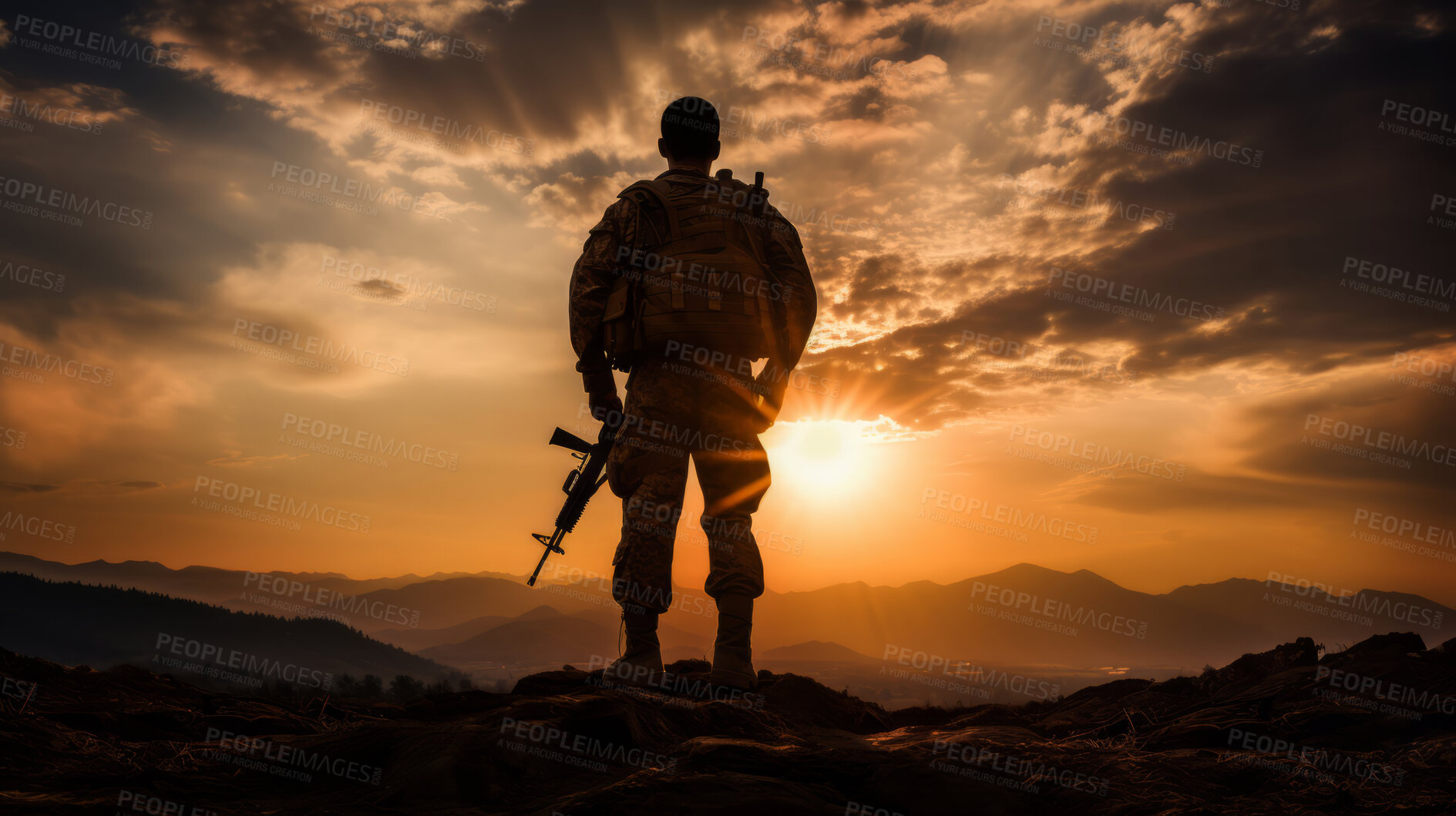 Buy stock photo Graphic silhouette of armed soldier or marine at sunset.
War concept.