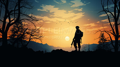 Graphic silhouette of armed soldier or marine at sunset. War concept.