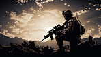 Graphic silhouette of armed soldier or marine at sunset.
War concept.