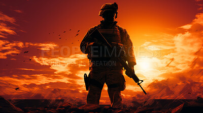 Graphic silhouette of armed soldier or marine at sunset. War concept.