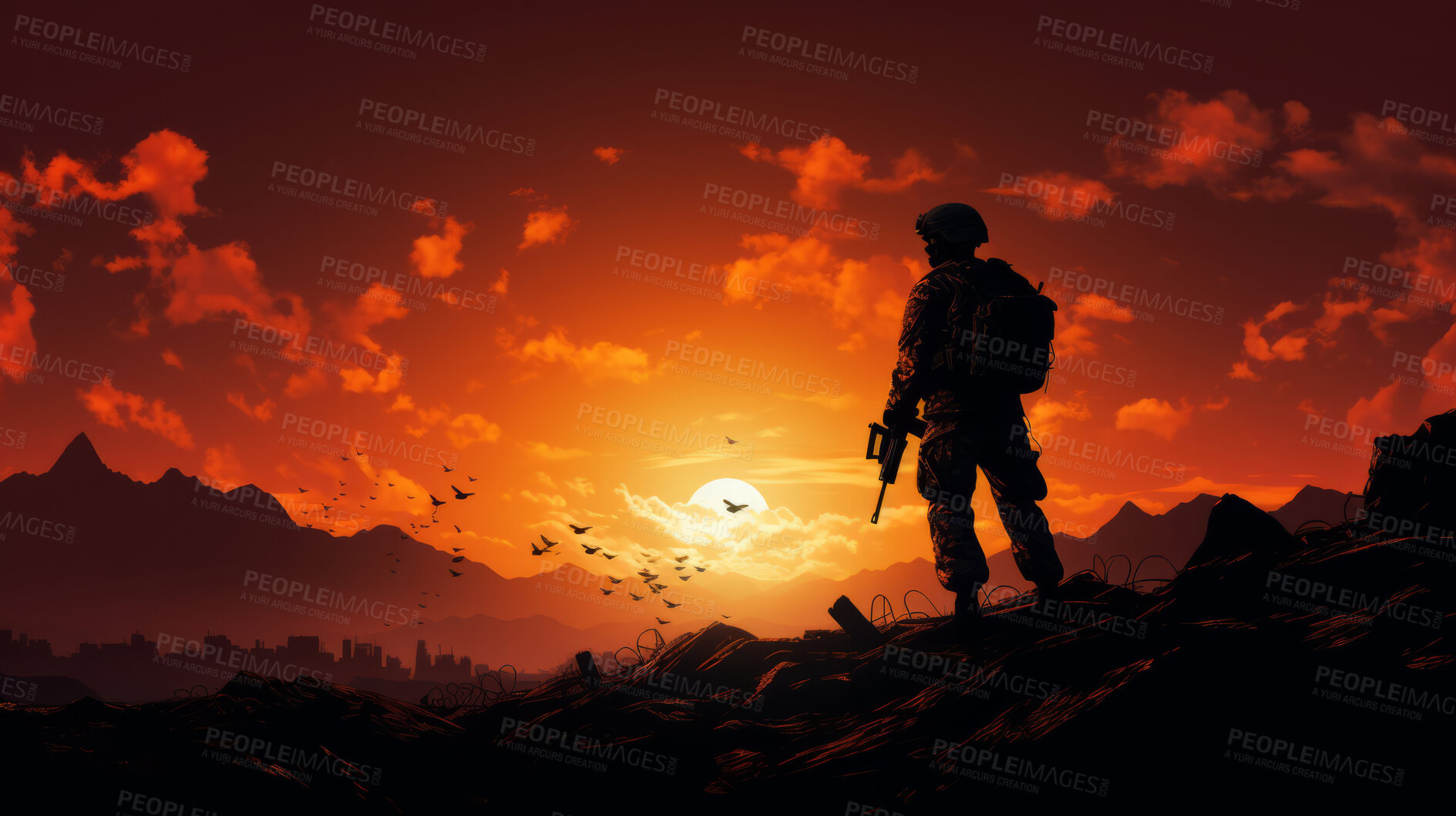 Buy stock photo Graphic silhouette of armed soldier or marine at sunset.
War concept.