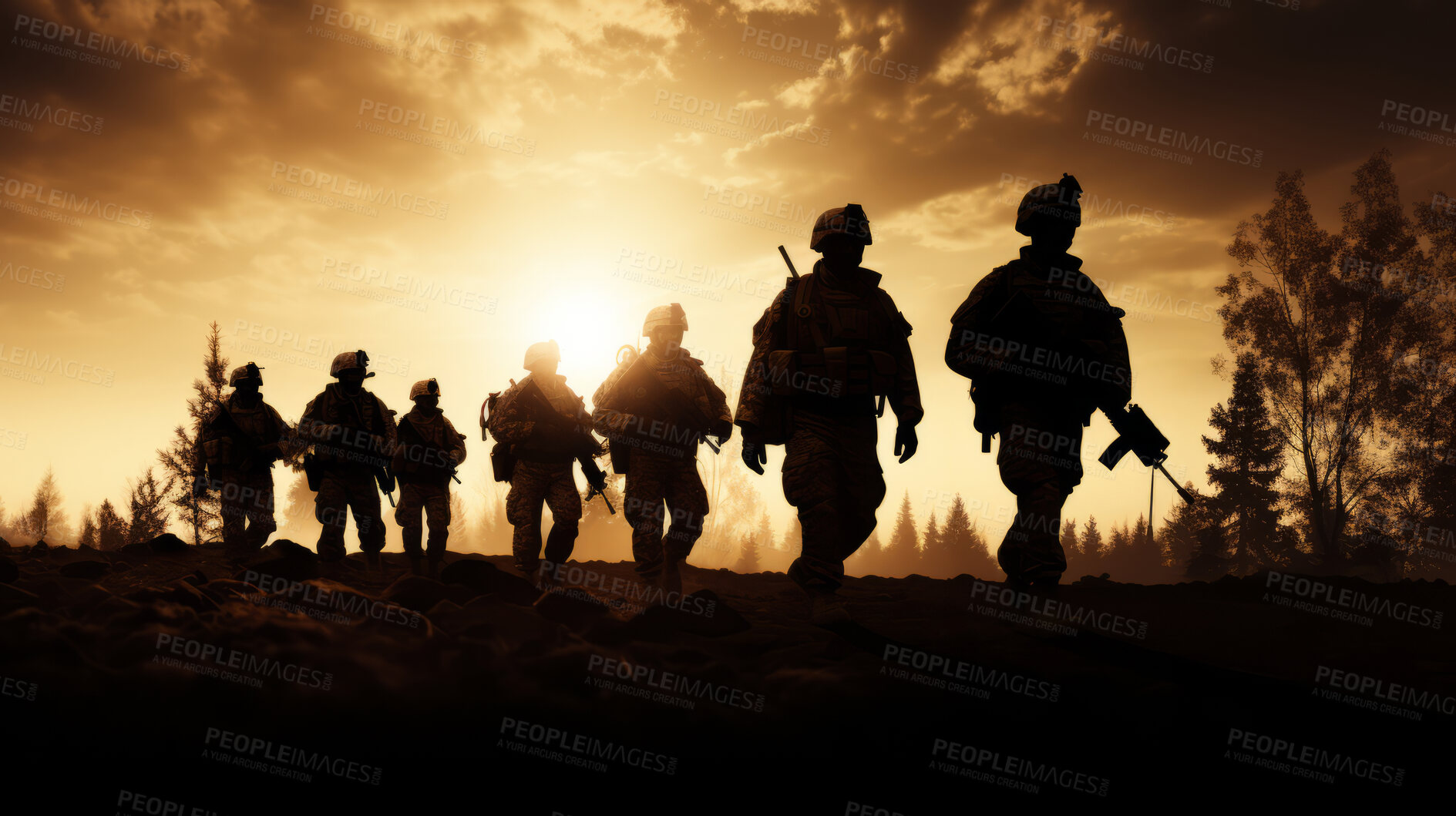 Buy stock photo Silhouette of armed soldiers or marines walking in a row. 
War concept.