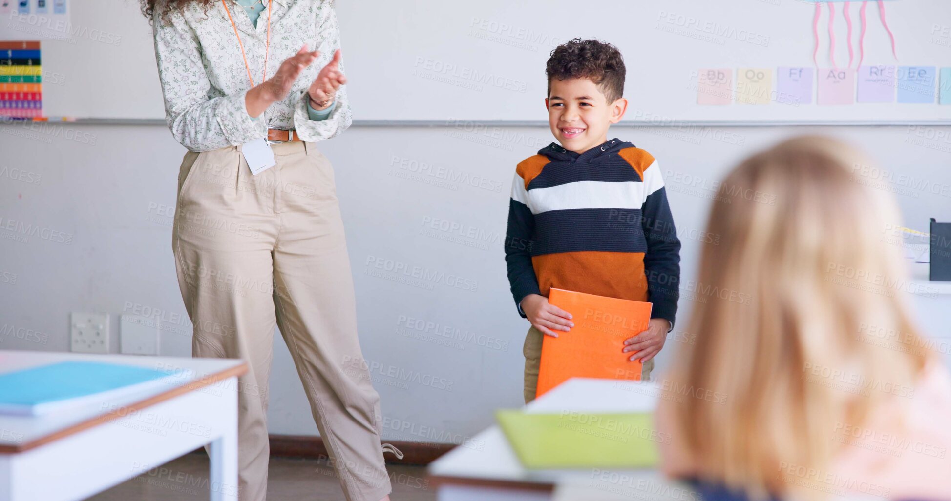 Buy stock photo Class, presentation and child speaker with applause and cheering in classroom at school. Young kid, education and oral reading of project with a student and teacher with children group in discussion