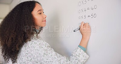 Teacher woman, writing and board for mathematics, study and question for education career with presentation. Female, classroom and learning expert with pen, problem or talking to students at school