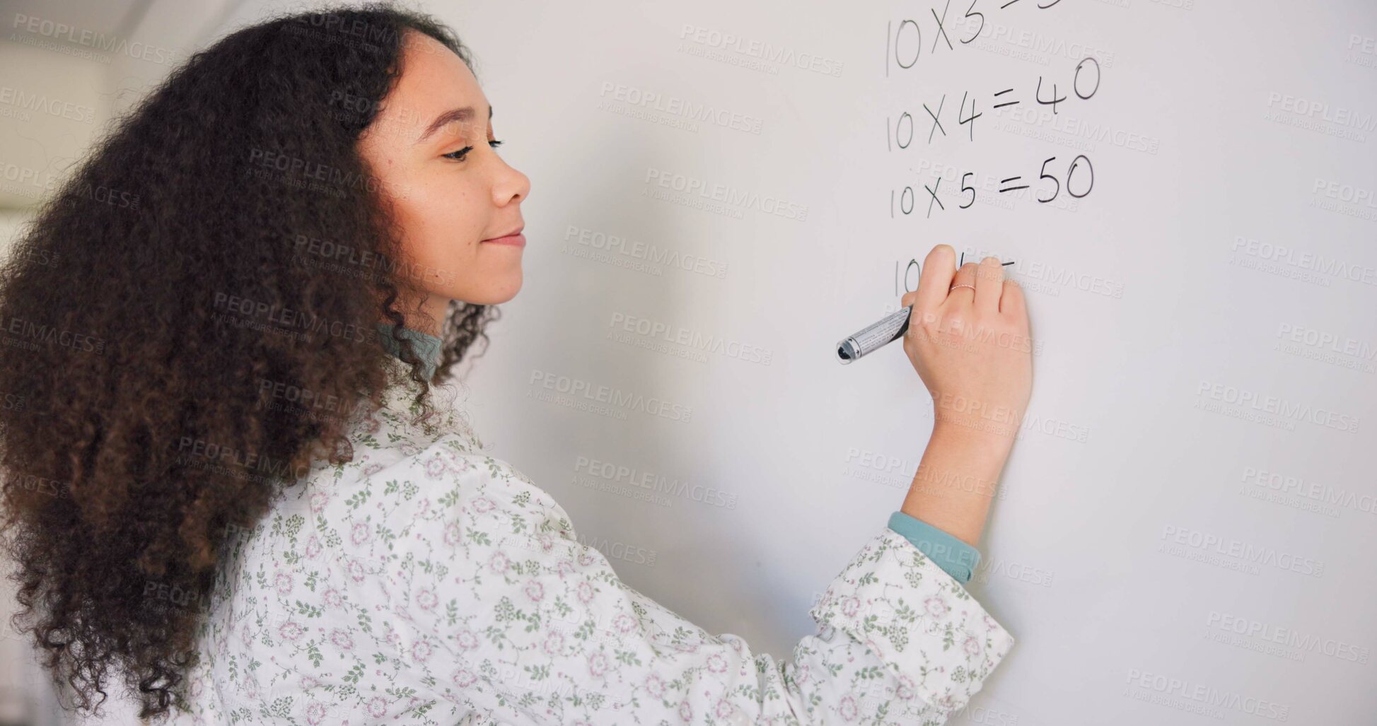 Buy stock photo Teacher woman, writing and board for mathematics, study and question for education career with presentation. Female, classroom and learning expert with pen, problem or talking to students at school