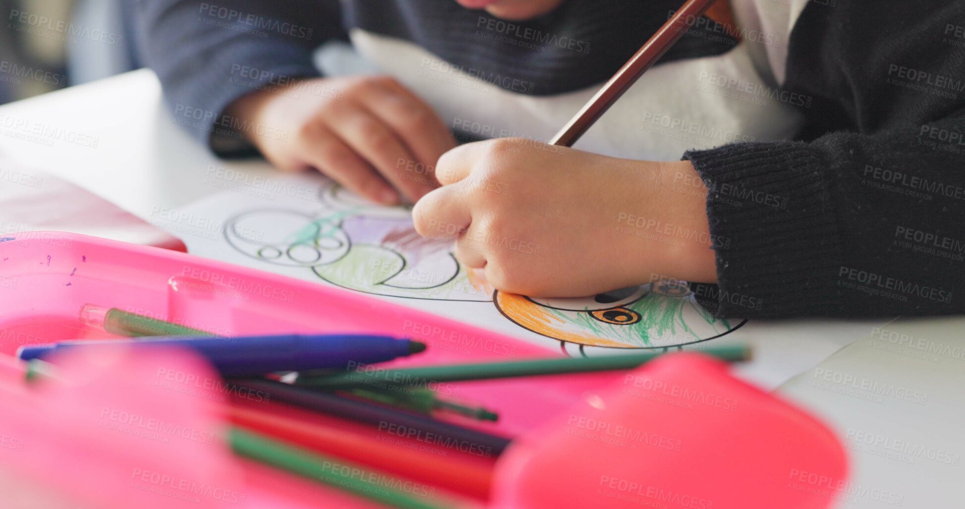 Buy stock photo Creativity, school and hands of child drawing in a classroom for art lesson for education and development in class. Closeup, kindergarten and kid or student learning artistic homework on a desk