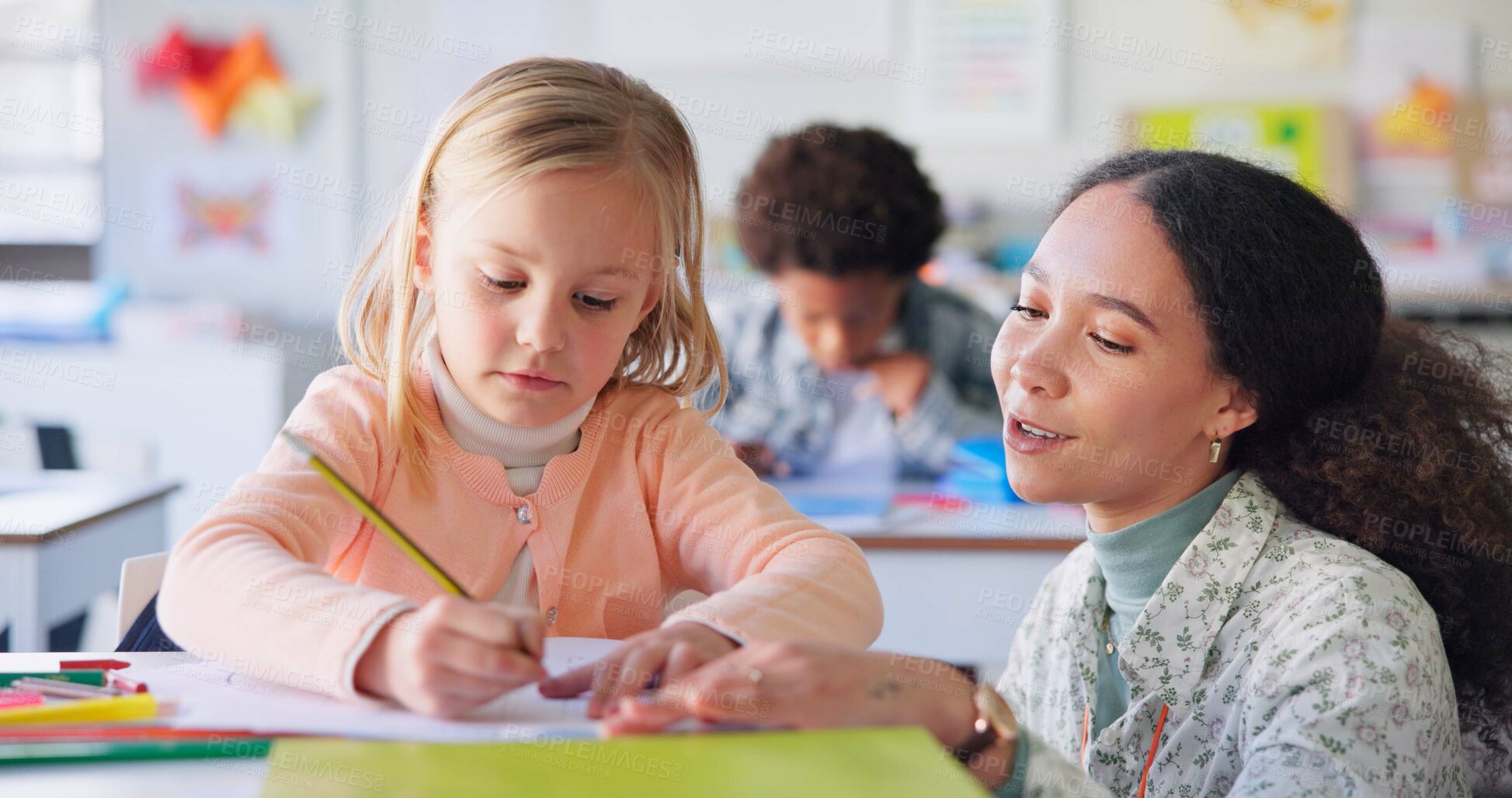 Buy stock photo Teacher, girl and help with writing, class and book for education, motivation and mentorship with learning. Woman, development and student for goal, knowledge or info with support, school or academy